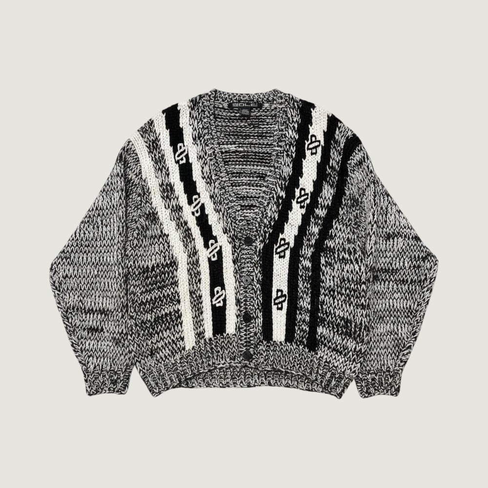 Sole Hand Made Vintage 90s Chunky Knit Cardigan Sweater Black White Mens Medium